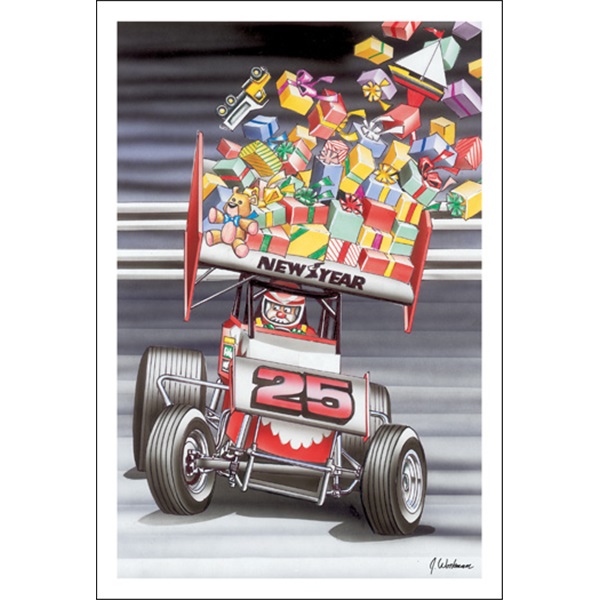 Santa In Sprint Car Presents Flying