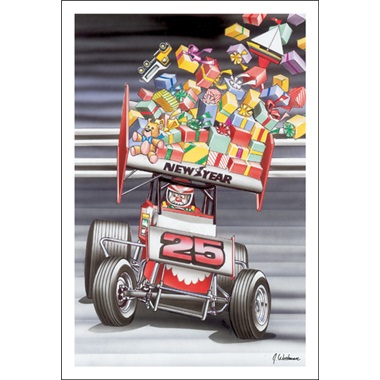 Santa In Sprint Car Presents Flying