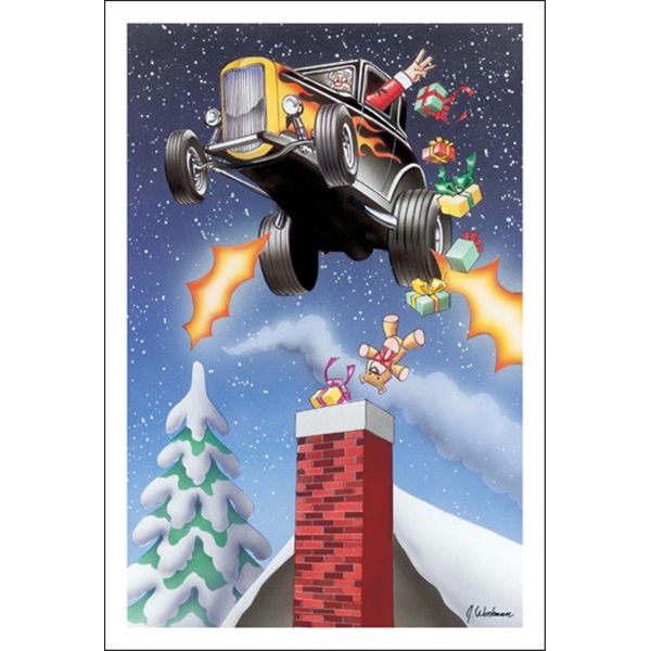 Santa In Street Rod Fly Over Dropping Gifts