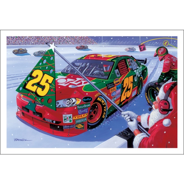 Number 25 Pits While Santa Holds Pit Flag