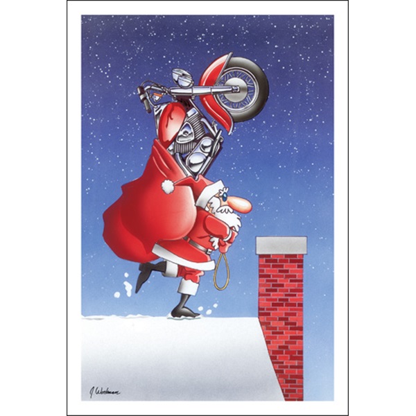 Santa With Motorcycle Sticking Out Of Bag On Roof