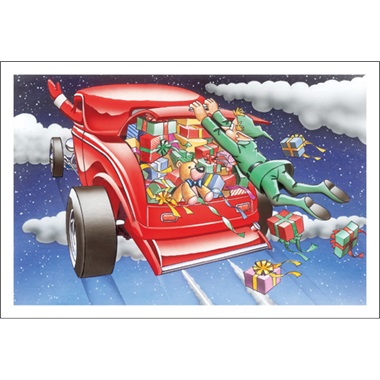 Elf Holds On To Back Of Rod Presents Flying