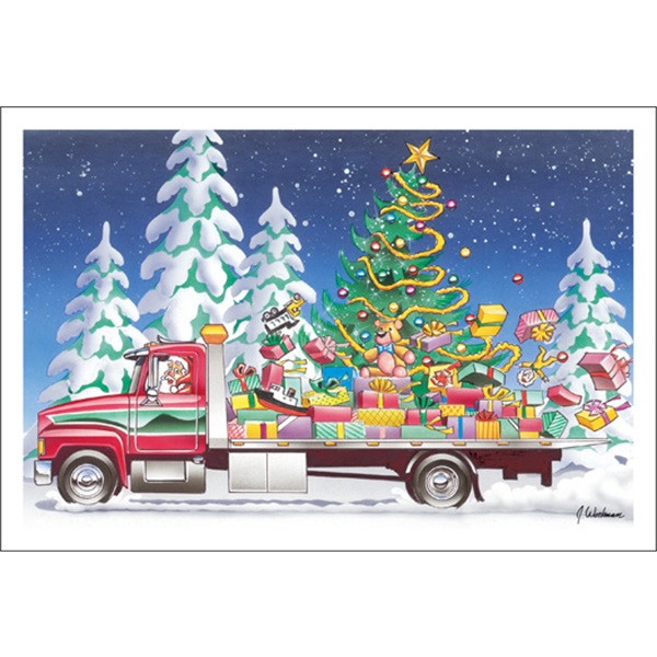 Flat Bed Tow Truck With Christmas Tree And Present - Paul Oxman Publishing