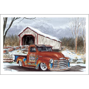 Old Pickup In Front Of Old Covered Bridge