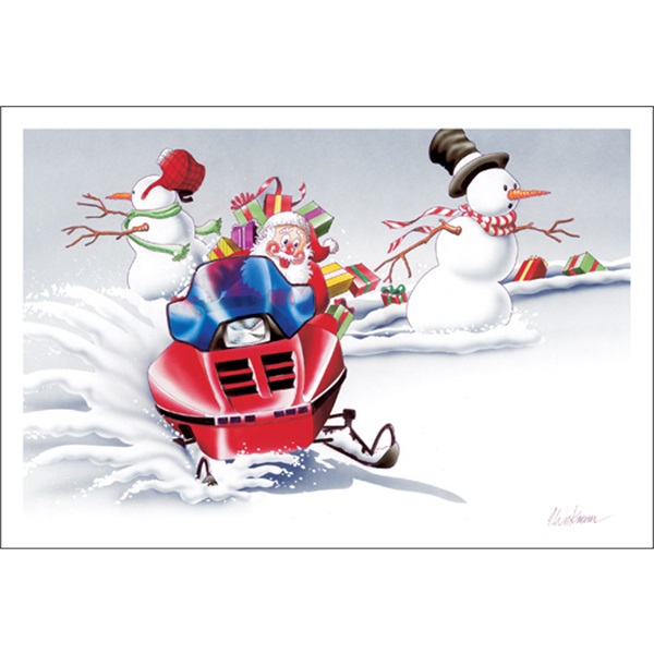 Santa Snowmobiling Between Snowmen