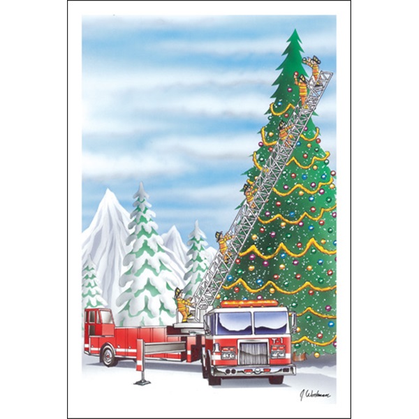 Fireman On Ladder Truck Decorate Christmas Tree