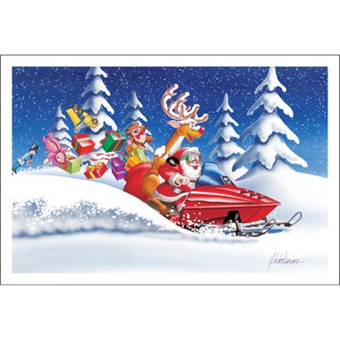 Santa Rides With Deer In Snow Presents Flying