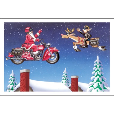 Santa On Bike Passes Elf On Deer In Air