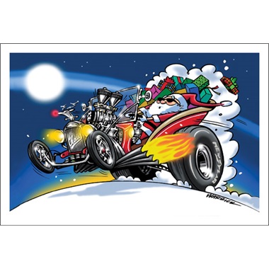 Santa Driving Street Rod With Pipes Showing