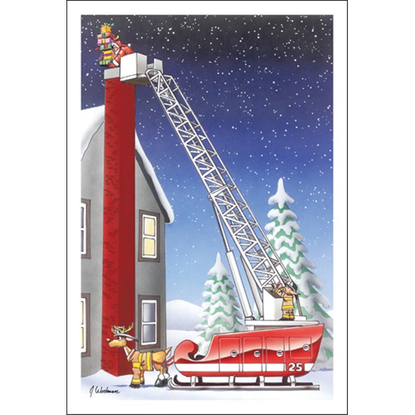 Santa On Extended Ladder Sleigh As Fire Truck